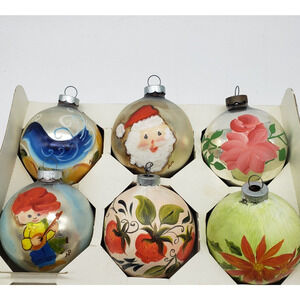Vintage 6 Hand Painted Glass Christmas Ornaments Made in the‎ USA. Artist Signed